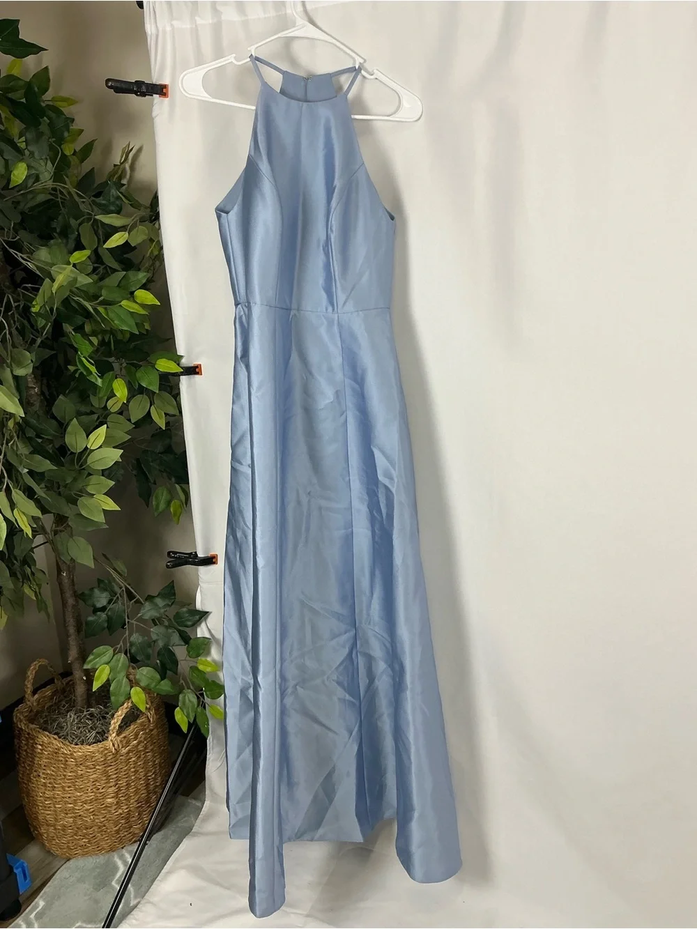 ALFRED SUNG Cloudy Blue Jewel Neck Halter Satin Maxi Dress - Picture 2 of 7